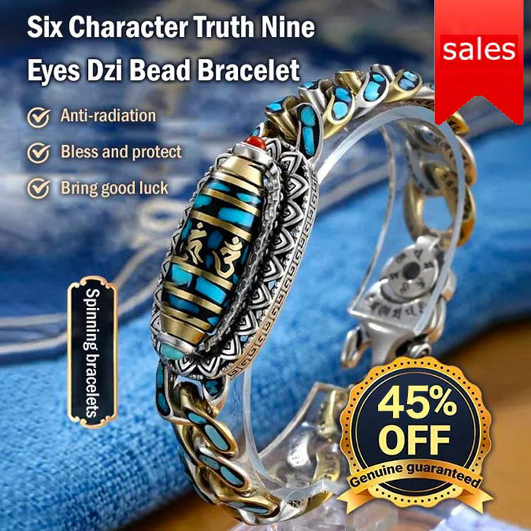 TURQUOISE SIX-CHARACTER MANTRA NINE-EYED DZI BEAD BRACELET