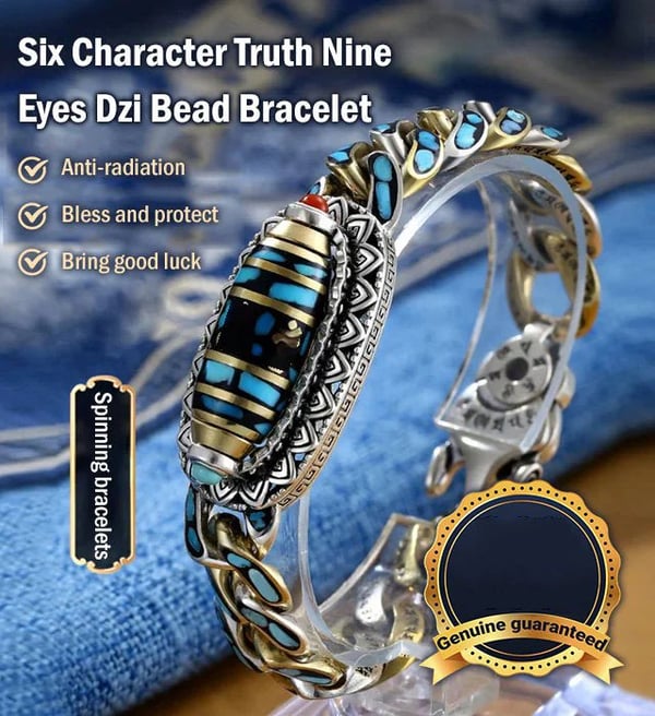 Turquoise Six-character Mantra Nine-eyed Dzi Bead Ring & Bracelets