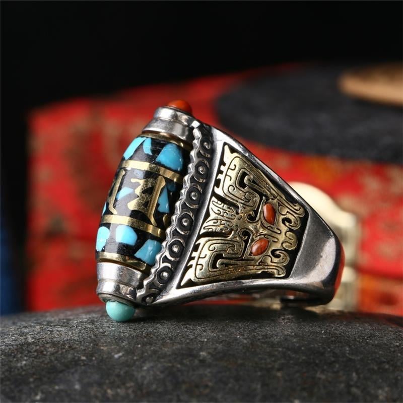 Turquoise Six-character Mantra Nine-eyed Dzi Bead Ring & Bracelets